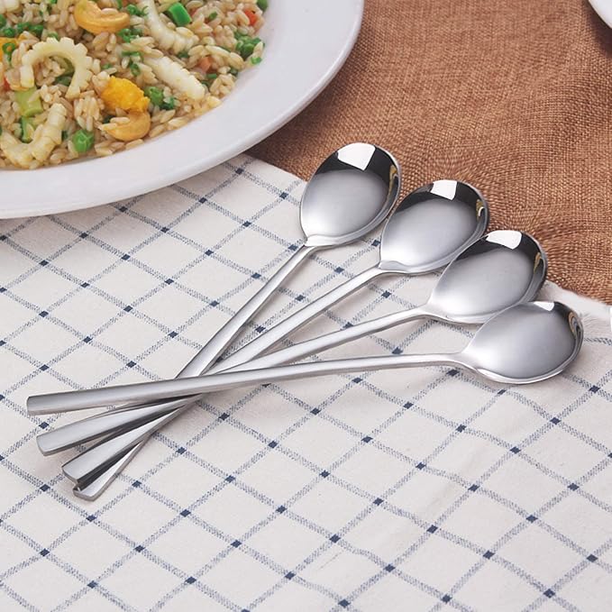 IQCWOOD Spoons, 8 Pcs Korean Spoon, 8.5 Inch Stainless Steel Soup Spoons | Korean Soup Spoons with Long Handle, Smooth Edges & Mirror Finish, Flatware Set for Everyday Home, Kitchen, or Restaurant Use