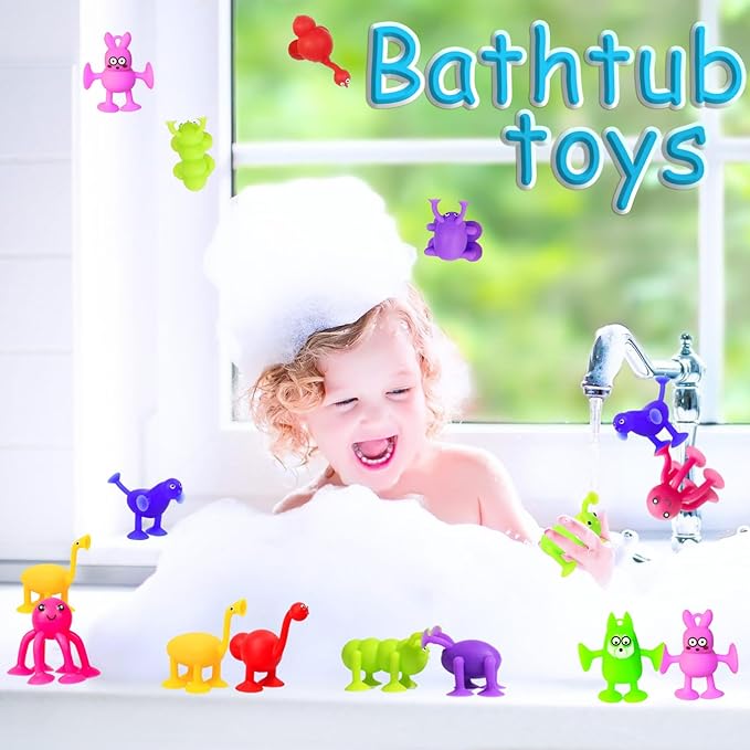 Toddler Suction Cup Bath Toys, Animal Bath Toys for Kids Ages 1-3 3-5 4-8 Mold Free Bathtub Window Building Toys Christmas Stocking Stuffers for 2 3 4 5 Year Old Boys Girls Large Egg Container