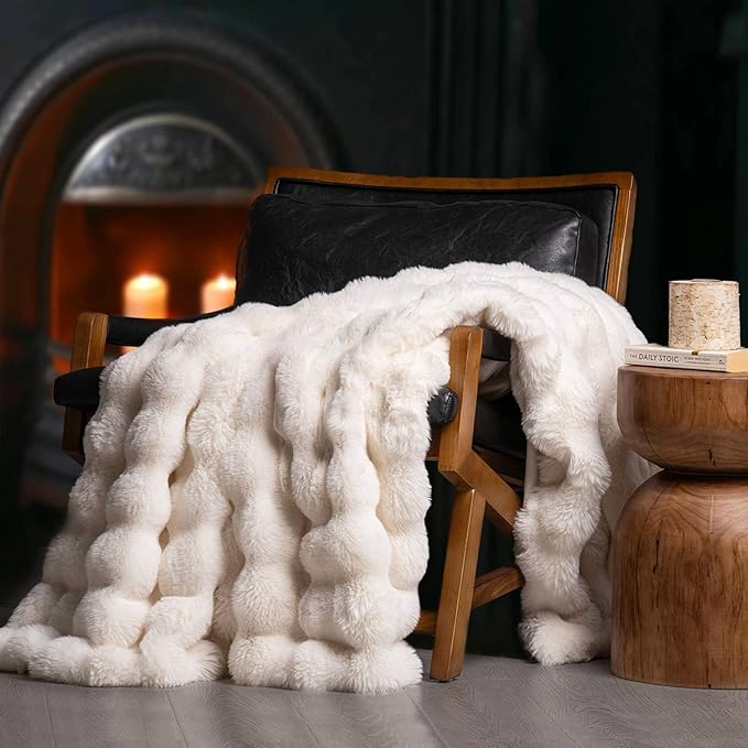 Faux Rabbit Fur Bubble Throw Blanket, 50"x60", Ivory White | Ultra Soft, Luxury Faux Rabbit Fur Throw, Thick Warm Bubble Blanket, Cozy Fluffy Reversible, for Bed, Couch, Chair, Sofa