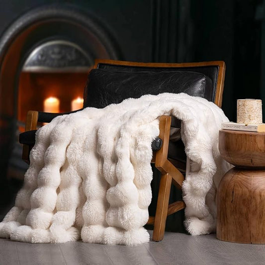 Faux Rabbit Fur Bubble Throw Blanket, 50"x60", Ivory White | Ultra Soft, Luxury Faux Rabbit Fur Throw, Thick Warm Bubble Blanket, Cozy Fluffy Reversible, for Bed, Couch, Chair, Sofa