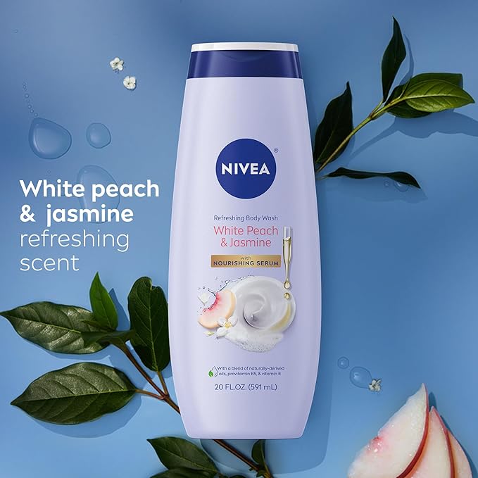 NIVEA Refreshing White Peach and Jasmine Body Wash with Nourishing Serum, Scented Body Wash for Women, Enriched with Provitamin B5 and Vitamin E, 20 Fl Oz Bottle, (Pack of 2)