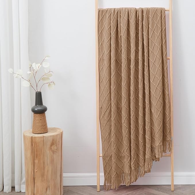 inhand Khaki Knitted Throw Blanket for Couch and Bed, 50"x60" | Soft Cozy Knit Blanket with Tassel, Lightweight Decorative Blankets and Throws, Farmhouse Warm Woven for Men and Women