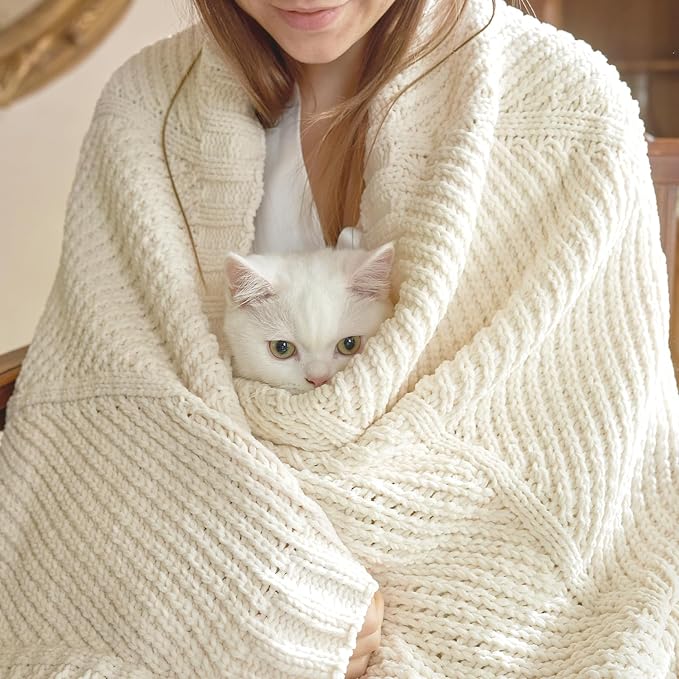 Knit Throw Blanket, Soft Chenille Cozy Breathable Chevron Chunky Decorative Blanket for Couch, Bed & Sofa, French-Inspired Lightweight Warm Gift for Women, Ivory, 50"x60"