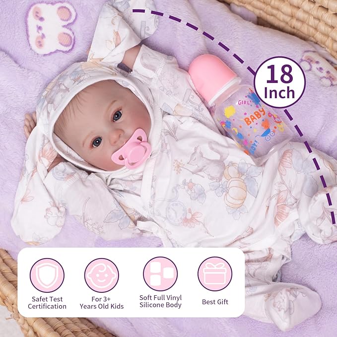 Lifelike Reborn Baby Dolls 18 Inch Realistic Veins Newborn Baby Girl Doll, Handmade Real Life Size Full Silicone Body Baby Dolls with Doll Accessories