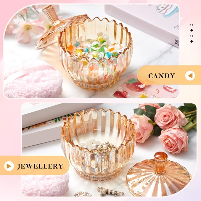 Tioncy 2 Pcs Extra Large Dusting Powder Puff and Container for Women-6'' Glass Crystal Dusting Powder Container with Body Soft Washable Reusable Velour Face(Amber,Scalloped)