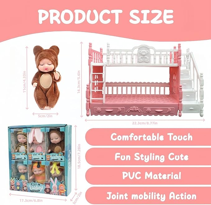 6 Pcs Mini Baby Dolls 4 Inch Gift Set, Cute Small Baby Doll Toys with Animal Clothes for Christmas Stockings, or Dollhouse Collections. (Style D)
