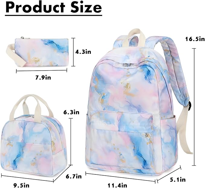 Bluboon Teen Girls School Backpack Kids Bookbag Set with Lunch Box Pencil Case Travel Laptop Backpack Casual Daypacks (Pink Blue Purple Gold Marble 99)