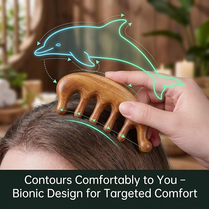 Melune Green Sandalwood Scalp Massager, Dolphin-Shaped Manual Head Massager with Rounded Wooden Teeth, Handheld Massage Tool for Scalp, Neck, Face and Daily Relaxation, Portable Self Care Gift