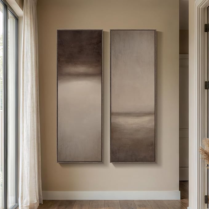 Large Framed Brown Beige Abstract Long Narrow Wall Art for Hallway, 2 Piece | Long narrow, Oversized, Canvas prints, Neutral abstract pictures, Vertical, Brown beige, Modern artwork, Entryway wall decor