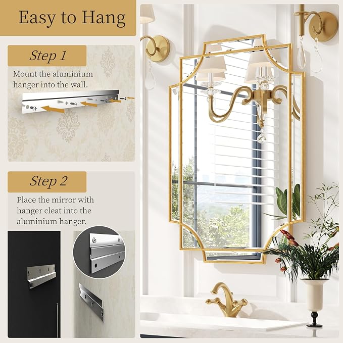 Kelly Miller 20"x30" Gold Foil Scalloped Edge Decorative Vanity Wall Mirror | Hand-Applied Gold Foil Finish. HD Mirror With French Cleat. Elegant Beveled Wall Mirror Decor For Bathroom Bedroom Entryway.