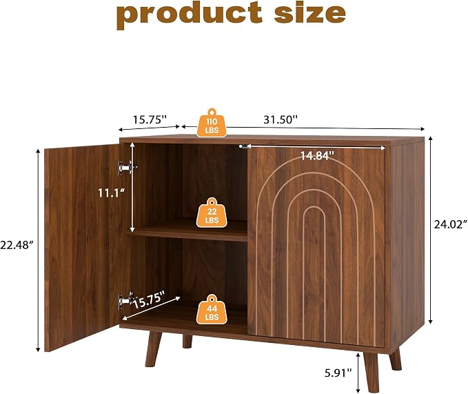 weselon Accent Cabinet with Carving Lines, Modern Buffet Sideboard with Adjustable Shelves, Decorative Storage Cabinets for Bedroom Living Room Kitchen Office and Hallway (Walnut, 1)