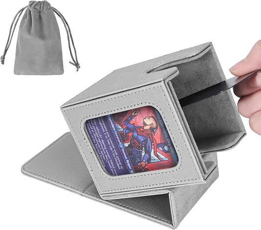 AFIING MTG Deck Box for Commander Display,Card Deck Box Fits 100 Double Sleeved Cards, Magic Commander TCG Card Storage Box with 2 Dividers,Drawstring Bag and 1 Toploader(Silver/grey)