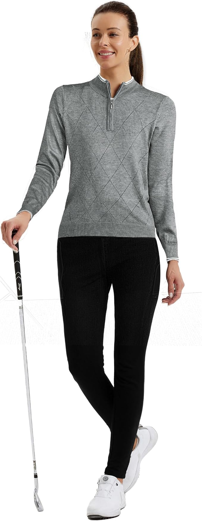 JACK SMITH Quarter Zip Pullover Sweaters for Womens, Rib Polo Sweater Tops | V Neck,Knit,Long Sleeve,Argyle,Open Pattern,Callar,Lightweight,Fashion,Golf Work Business Daily Wear Versatile Pullover Shirt