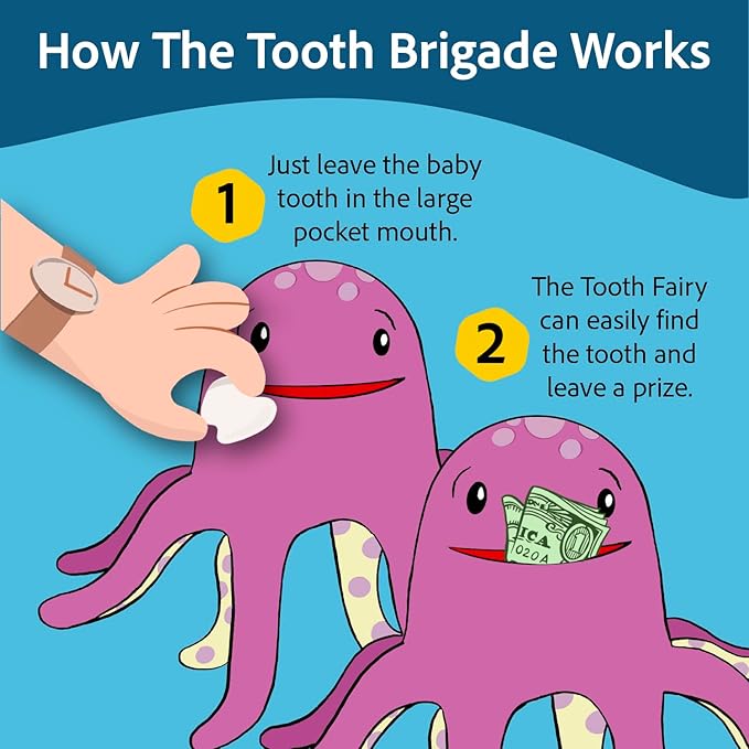 The Tooth Brigade Tooth Fairy Pillow | Stuffed Plush with Large Pocket Mouth for Lost Teeth, Treasures, Prizes - Fun and Interactive Plush, Perfect Kids, Boys, & Girls Gift (Bubbles Octopus)