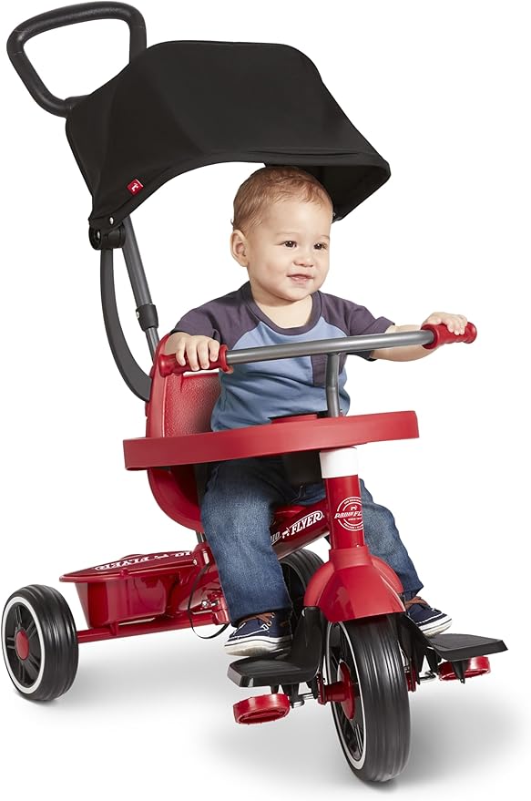 Radio Flyer 4-in-1 Pedal & Push Stroll ’N Trike, Ages 1-5, Toddler Tricycle & Stroller, High-Density Foam Tires, Parent Push Handle, UV Canopy, Removable Tray, Headrest & Seatbelt, Stroller Tricycle