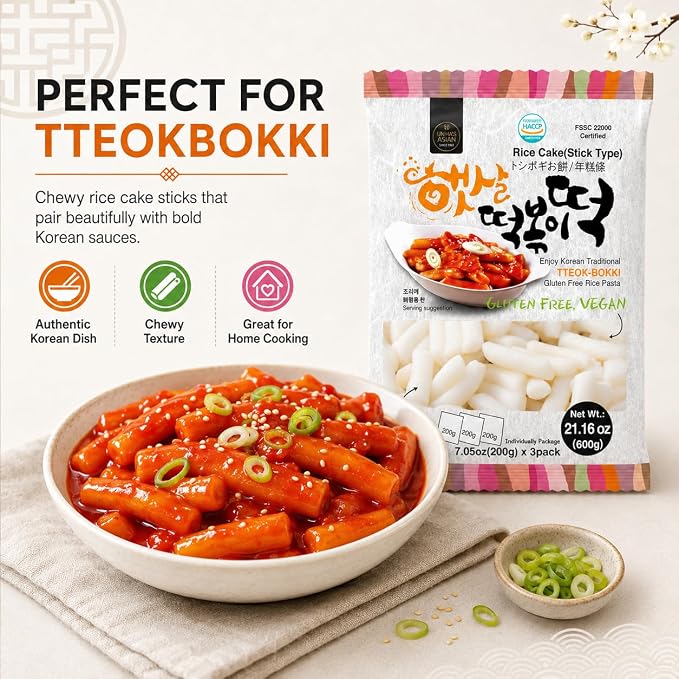 Unha's Korean Tteokbokki Garaetteok Rice Cake Sticks, 63.48 oz 3 Pack | garaetteok rice cake sticks, 9 portions, Korean tteokbokki, tteokguk soup, rabokki ramen, hot pot