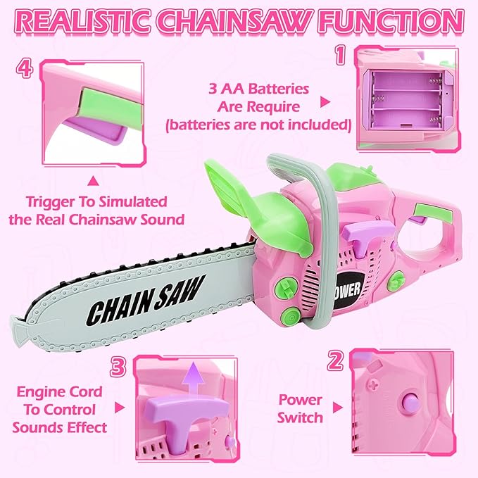 deAO Kids Tool Set Toddler Tool Kit, Pretend Play Toys Tooks with Electric Chainsaw Working Vest Hammer Accessories, Construction Tool Kit Gift for Toddler Playset Kit Girl Boy