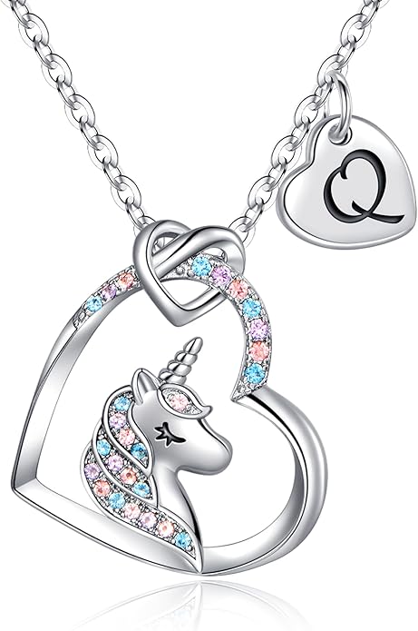 Hidepoo Valentines Gifts for Kids Girls - Unicorn Necklace Gifts for Teen Girls Kid, Colorful CZ Heart Pendant Initial Unicorn Necklaces for Girl Jewelry Birthday Gift for Girl Kid