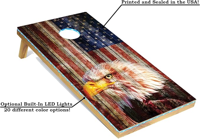 Tailgating Pros American Themed Lightweight Corn Hole Board Set w/Multicolored LED Rings, Bean, Bags, and Carrying Case - 4'x2' Cornhole Toss