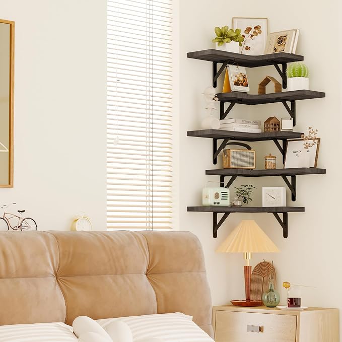Fixwal Conner Shelves Wall Mounted for Decor, Weathered Grey Set of 5 | Solid wood shelf with metal brackets, holds 40 lbs. Optimizes corner storage. Fits bathroom, kitchen, bedroom & living room.