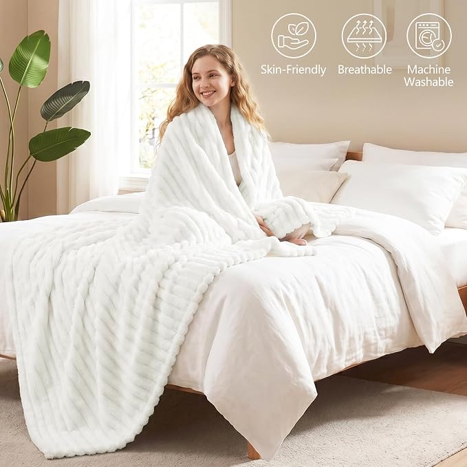 Off White Twin Blanket for Bed & Couch, 60 x 80 Inch | 300GSM Ribbed Fleece Blanket, Soft, Cozy & Lightweight, OEKO-TEX Certified, All-Season Use for Travel, Dorm & Home Decor