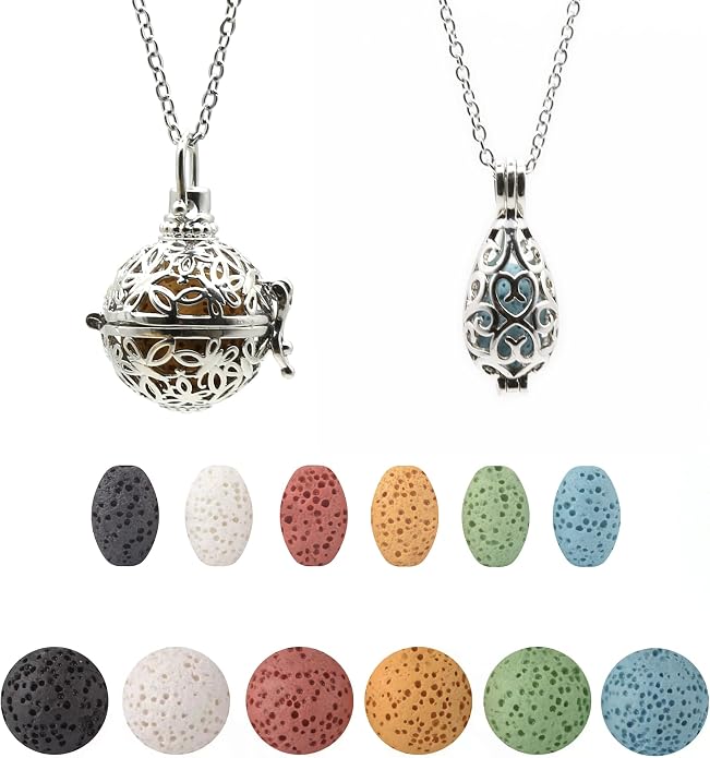 HEDQFM 2 PCS Essential Oil Diffuser Necklace with a Gift Box,Hollow Ball and Teardrop Aromatherapy Pendant Locket Necklace with Adjustable Chain and Colored Lava Stone for Women