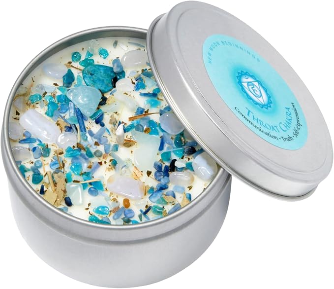 Throat Chakra Candle by New Moon Beginnings - Chakra Candles - Dried Flower, Herb, & Crystal Candles - Aromatherapy Candles - Soy Candle - 8oz Tin