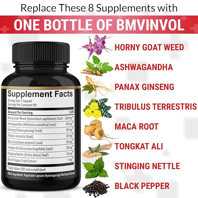 BMVINVOL Horny Goat Weed Capsules with Maca, Ginseng, Tribulus Terrestris, Ashwagandha, Black Pepper - 90 Count for 3 Month Supply