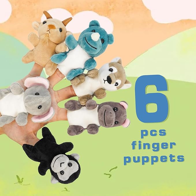 Jungle 6pcs Finger Puppets Set, Cute Animal Puppet for Role-Playing Mini Hand Puppets Hippopotamus Wolf Chimpanzee Rhinoceros Elephant Goat (jungle03)