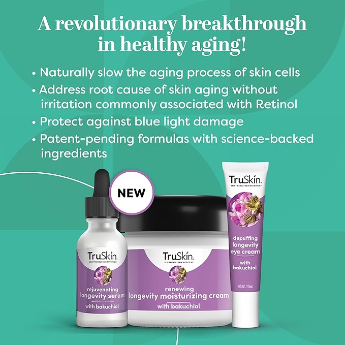 TruSkin Longevity Eye Cream - Caffeine Eye Cream with Bakuchiol, Lingonberry Stem Cells & Green Coffee Bean - Healthy Aging Gentle Retinol Alternative, Puffiness, Dark Circles, 0.5 fl oz