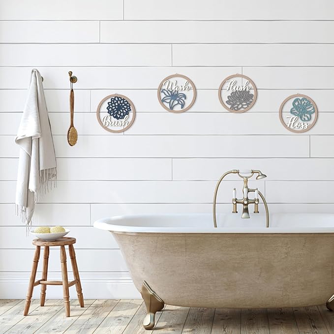 HPNIUB Farmhouse Bathroom Wall Decor, Blooming Floral Wall Art, 4 Pieces 10''x10'' Wash Brush Floss Flush Rustic Wood Plaque, Funny Bathroom Quote Wooden Sign for Home Spa Bathroom Laundry Washroom