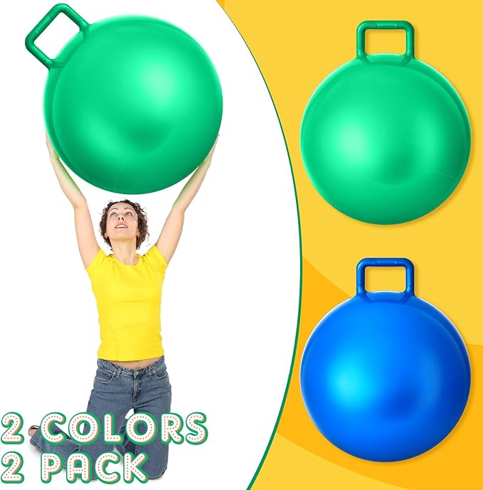 Lewtemi 2 Pcs 29 Inch Big Hopper Ball Jumping Hopping Inflatable Bouncing Ball with Handle and Air Pump for Adults Carnival Outdoor Sports Game(Blue, Green)