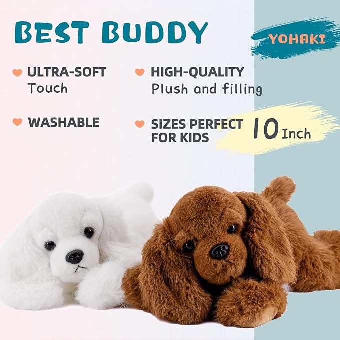 Plush Puppy Dog Set - 2 Pack 10 Inch Soft & Fluffy Stuffed Animal Dogs, Huggable White & Brown Plush Puppies, Cuddly Toy Gift for Kids & Dog Lovers, Machine Washable & Ultra-Soft