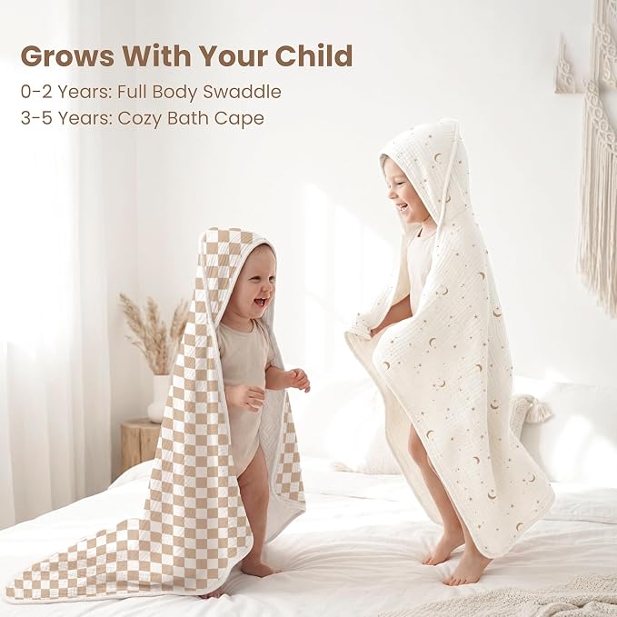 Konssy 2-Pack Muslin Hooded Baby Towels, 100% Cotton, Ultra-Soft & Absorbent Baby Bath Towels with Hood for Newborn & Infant (Coffee Check,Moon,32" x 32")
