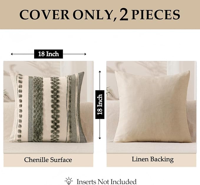 ANRODUO Boho Decorative Pillow Covers 18x18 Inch Gray Stripe 2 Pack of 2 | Throw Pillow Covers, Farmhouse Cushion Case, Chenille Pillow Cases, Pillow Covers, Accent Neutral Pillowcase for Sofa Couch