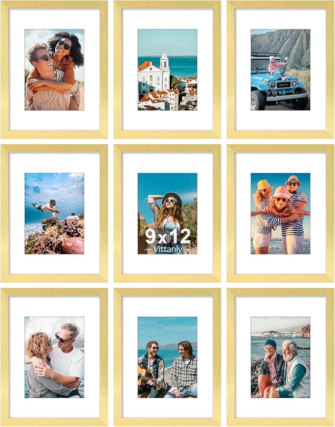 Vittanly 9x12 Picture Frames Set of 9 for Wall or Tabletop Display, Gold | Display Pictures 6x8 with Mat or 9x12 without Mat, Engineered Wood with Shatter Resistant Plexiglass, Gallery Photo Frames