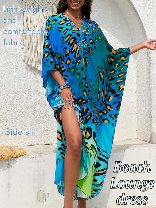 ChiaoLezhee Print Moo-Moos for Women, Kaftan Cover-Up Dresses, Sexy V-Neck High-Slit, Beach Pool-Party Coverups Muumuu Plus