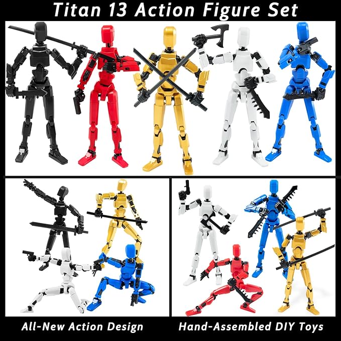 4PCS Titan 13 Action Figures Set Robot Fidget Toys for Kids, Lucky Dummy T Nova N 13 Action Stick Figure Sensory Toy for Boys, Multi Movable Joints Fidgets (Golden+Black+Red+Blue)