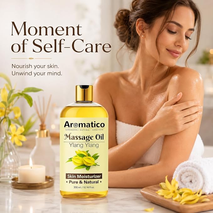Aromatico Ylang Ylang Massage Oil 10.1 fl oz – Floral Body Oil for Relaxation & Skin Nourishment – Lightweight, Non-Greasy, Fast Absorbing Massage Oil for Spa & Daily Use