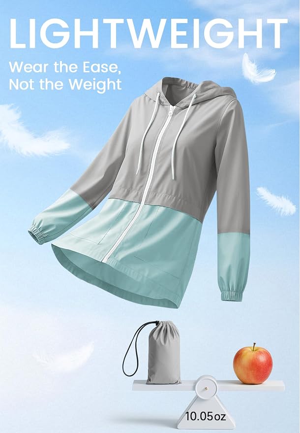 Zando Lightweight Rain Jacket Women Packable Waterproof Raincoat with Hood | Windbreaker Jacket Women, Light Raincoats for Drizzle, Rain Coats for Travel, Hiking and Commute