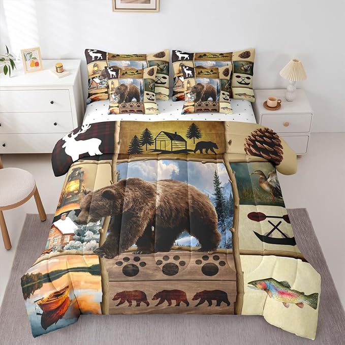 Feelyou Rustic Farmhouse Bear King Comforter Set with Sheets for Kids Boys Girls Hunting Wild Animal 7 Pieces Bedding Set Patchwork Cabin Lodge Bed in a Bag Room Decor Soft Microfiber