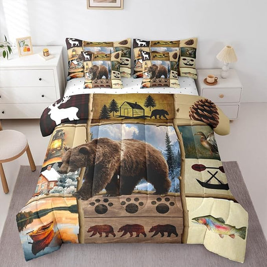 Feelyou Rustic Farmhouse Bear King Comforter Set with Sheets for Kids Boys Girls Hunting Wild Animal 7 Pieces Bedding Set Patchwork Cabin Lodge Bed in a Bag Room Decor Soft Microfiber