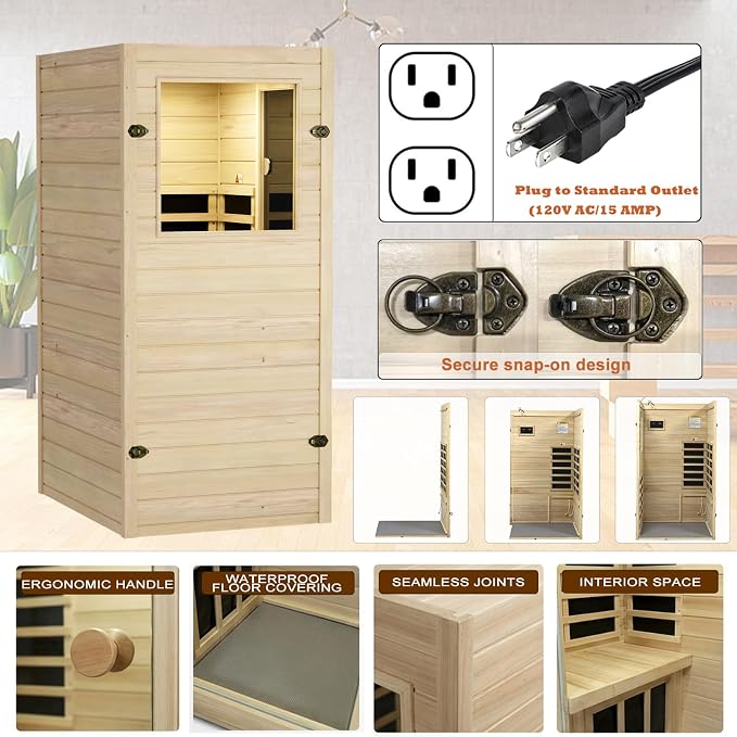 Kanlanth 1 Person Infrared Sauna - Premium European Aspen Wood, 905W Energy Efficient, Low EMF Indoor Sauna, Bluetooth Speakers, Compact Home Spa for Small Spaces, 36.6"x29.3"x63", Right Door