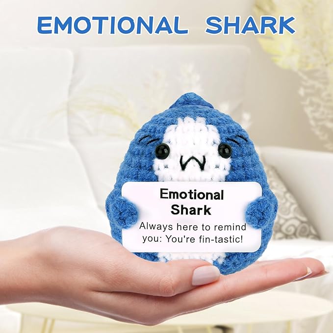 Hoedia Handmade Emotional Pickle Gift, Cucumber Crochet Doll Inspirational Gifts with Cards, Cute Knitted Funny Support Pickle Potato Friend Birthday (Emotional Shark)