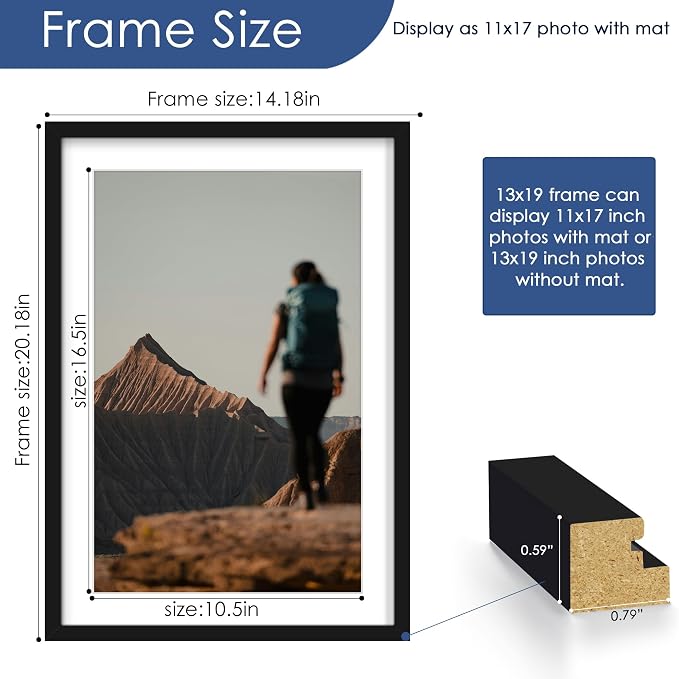 13x19 Picture Frame Set of 6, Wall Mounting Display, Black | Display 11x17 with Mat or 13x19 Without Mat, Horizontal or Vertical, Poster Frame Set for Wedding & Room & Home Decor