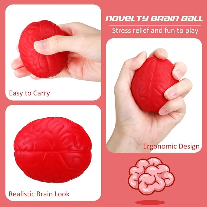 Jenaai Brain Stress Ball Halloween Squeeze Toy 2.76 Inch PU Hand Muscle Exercise Pressure Ball Funny Stress Relief Toy for Adults Improving Grip Strength Release Pressure(Red)