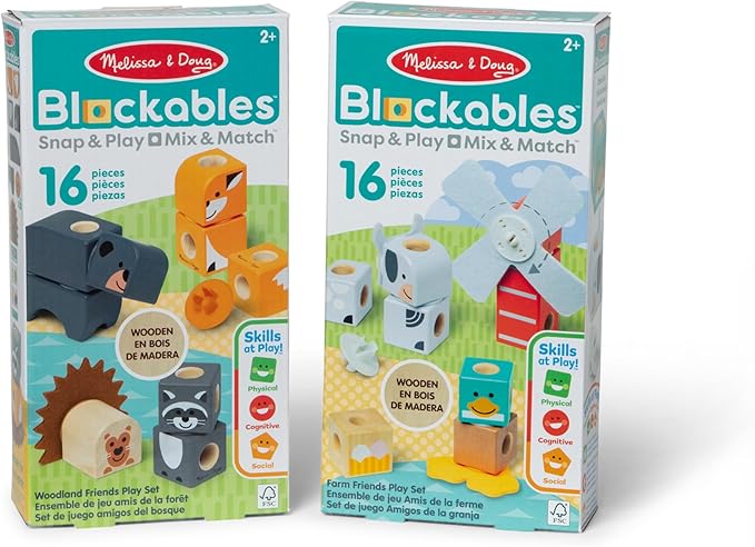 Melissa & Doug Blockables™ Farm and Woodland 2-Pack Bundle Connectable Wooden Building Blocks Preschool Play Set Toy