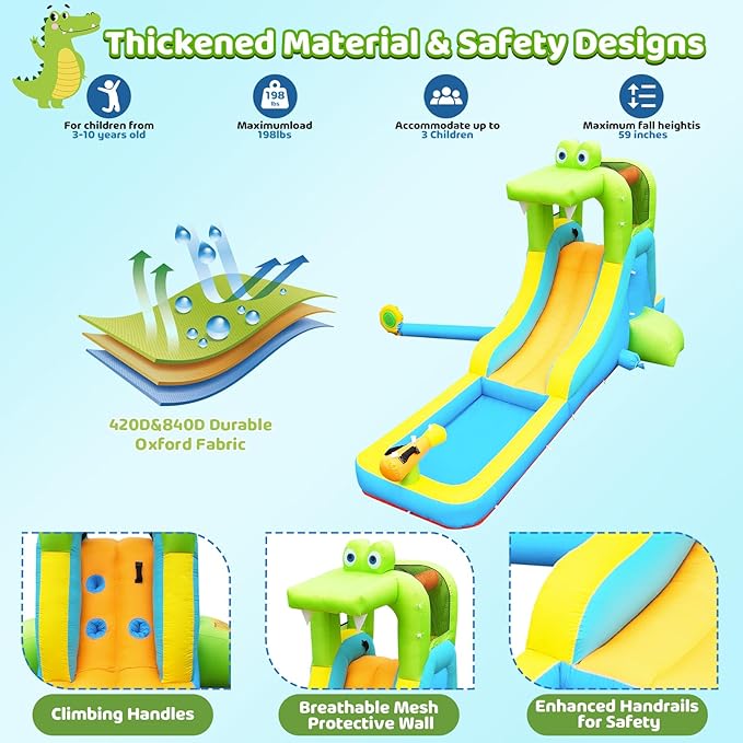 NBSPORT Inflatable Water Slide - Crocodile Theme Bounce House Water Park with Blower, Climbing Wall, Splash Pool, Water Cannon, Blow up Toddler Waterslide for Kids and Adults Backyard, Green