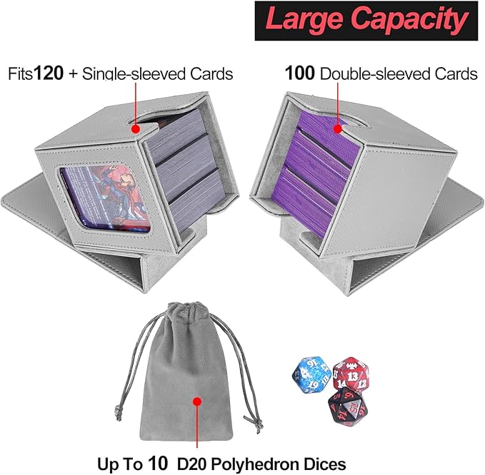 AFIING MTG Deck Box for Commander Display,Card Deck Box Fits 100 Double Sleeved Cards, Magic Commander TCG Card Storage Box with 2 Dividers,Drawstring Bag and 1 Toploader(Silver/grey)