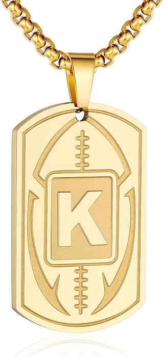Initial A-Z Dog Tag Necklace for Men - Football Charm Pendant, Stainless Steel Chain 22+2 Inches, Personalized Sports Athletes Jewelry Gift